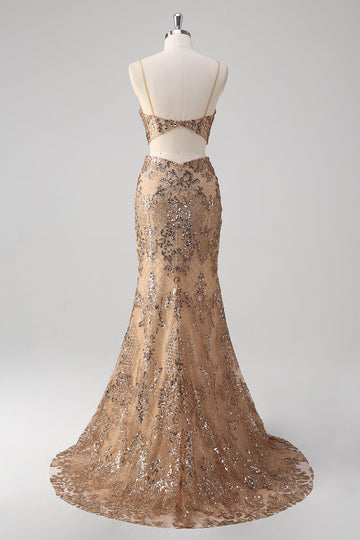 Champagne Havfrue Spaghetti Stropper Pailletter Hul Ude Gallakjole